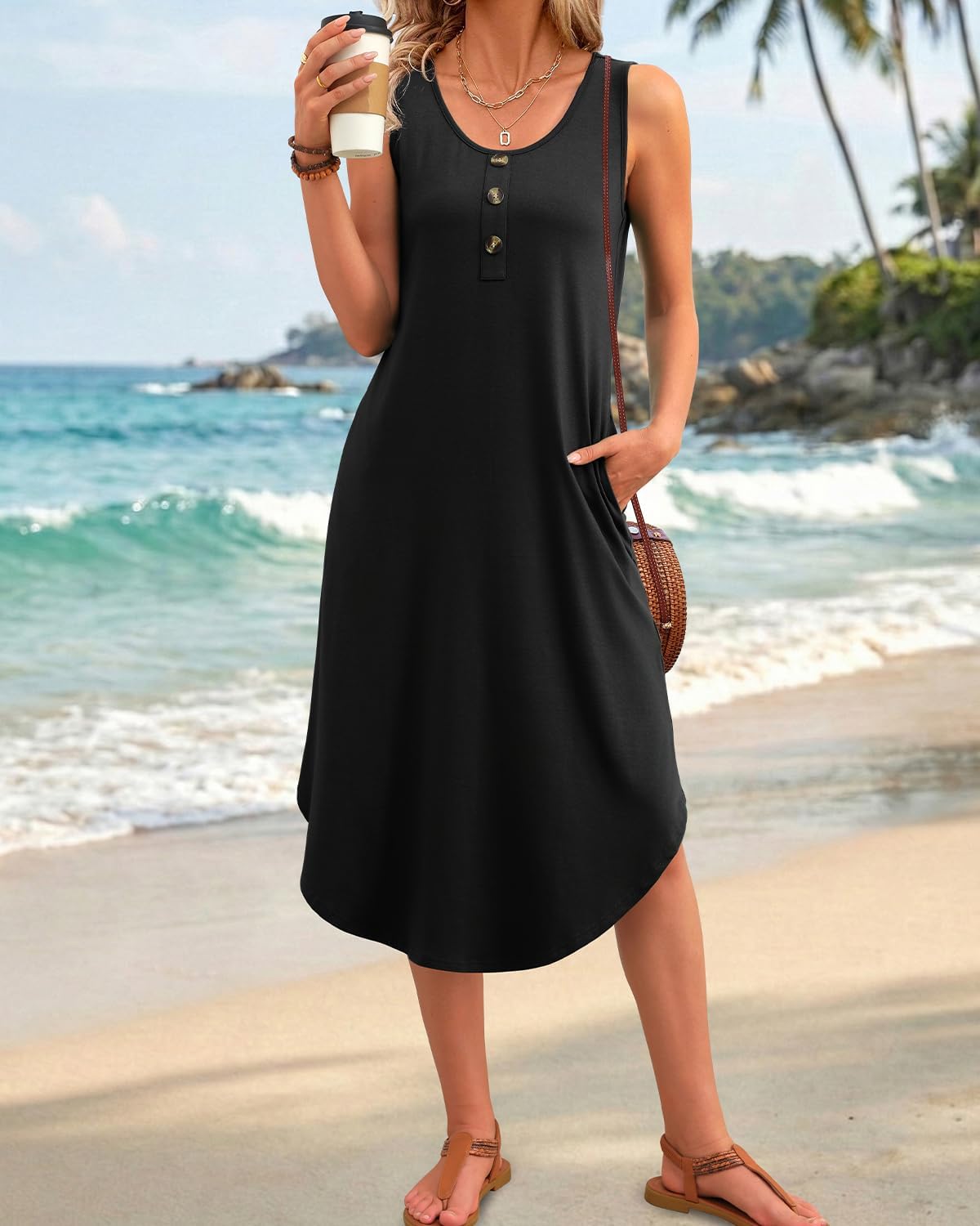 WIHOLL Summer Dresses for Women UK Ladies Sleeveless Dress Womens Button Front Beach Sundresses with Pockets Midi Length Dresses - Image 2