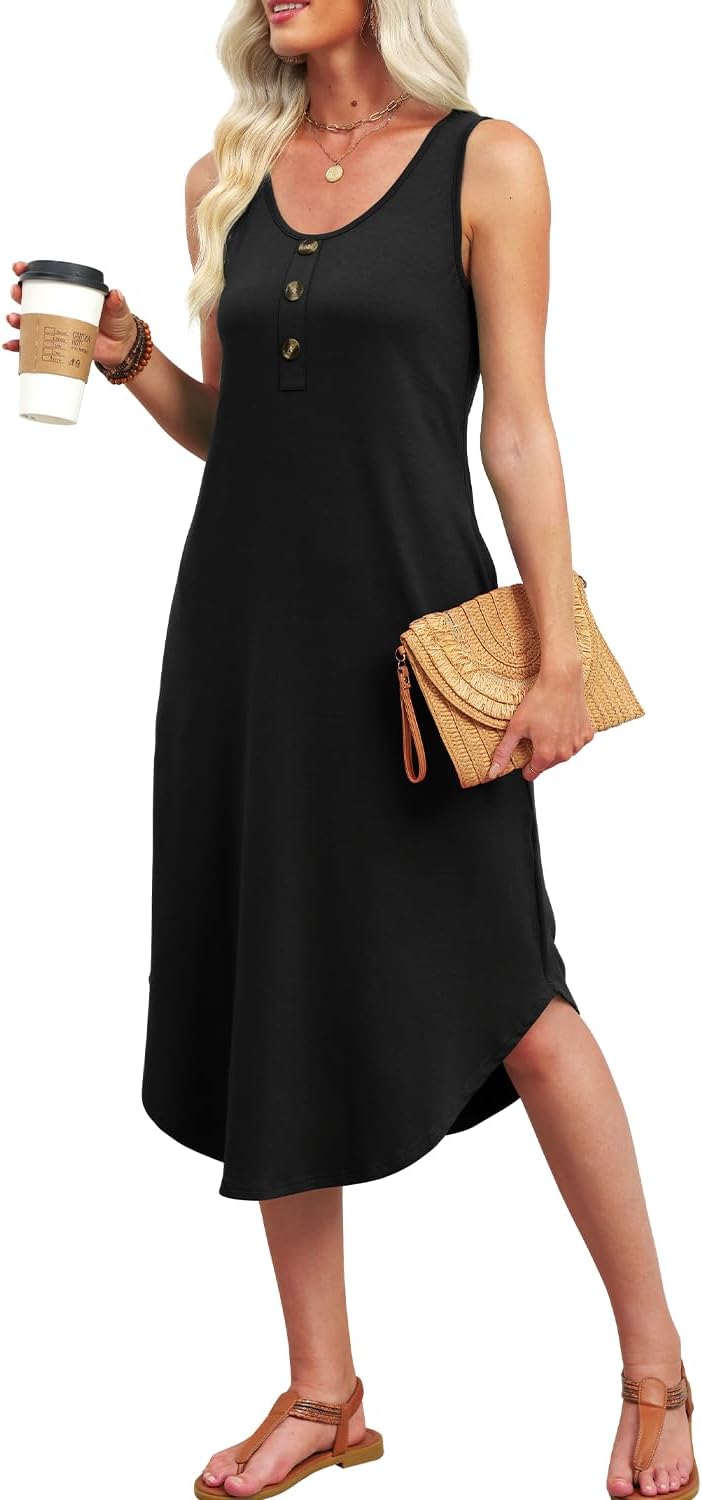 WIHOLL Summer Dresses for Women UK Ladies Sleeveless Dress Womens Button Front Beach Sundresses with Pockets Midi Length Dresses - Image 3