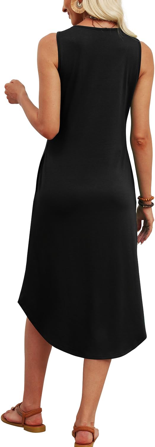 WIHOLL Summer Dresses for Women UK Ladies Sleeveless Dress Womens Button Front Beach Sundresses with Pockets Midi Length Dresses - Image 4