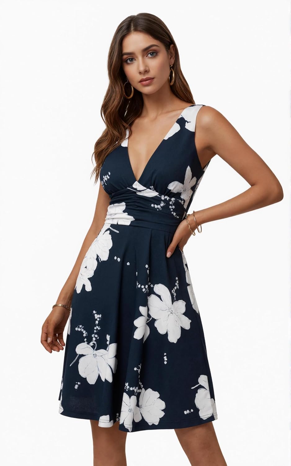 Oyamiki Summer Dresses for Women V Neck Sleeveless Sundress Beach Floral Swing Casual Dress with Pockets - Image 5