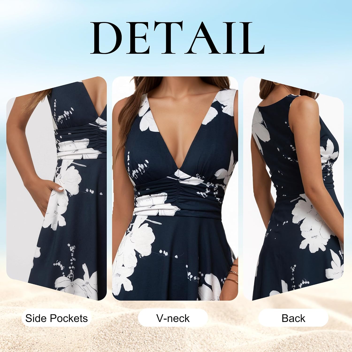 Oyamiki Summer Dresses for Women V Neck Sleeveless Sundress Beach Floral Swing Casual Dress with Pockets - Image 6