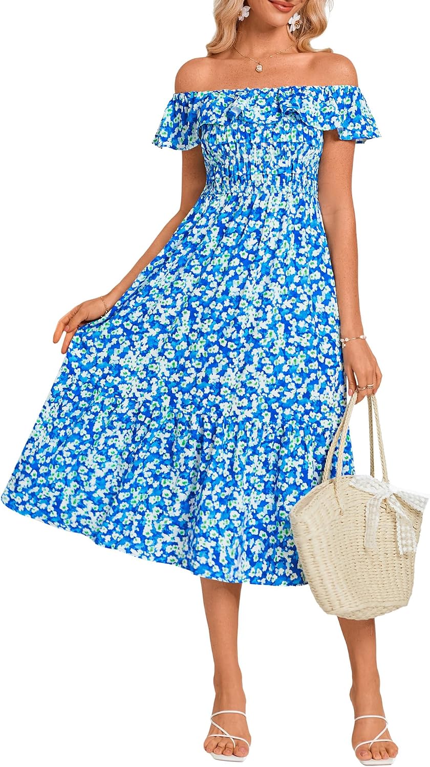 GRACE KARIN Women's Summer Floral Dresses Casual Ruffles A-Line Midi Wedding Guest Dress Beach Sundress