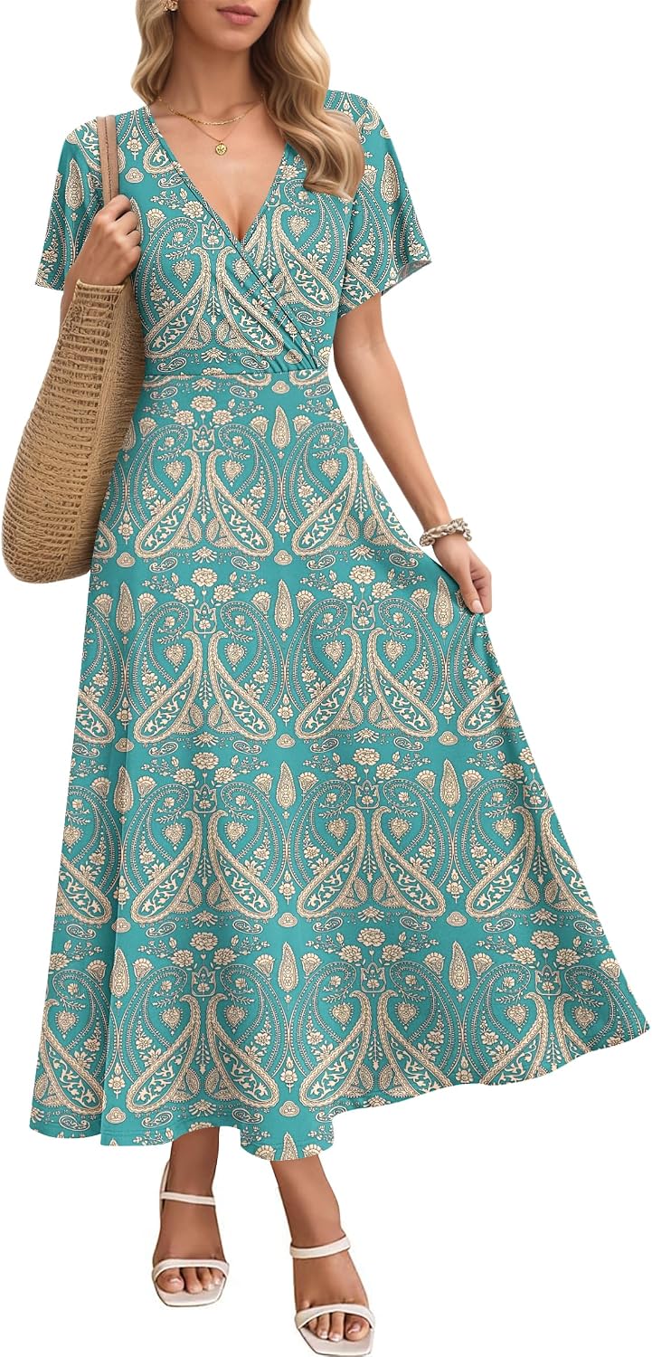 AUSELILY Maxi Dress for Women UK Short Sleeve Elegant Dress V Neck Sundress with Pockets