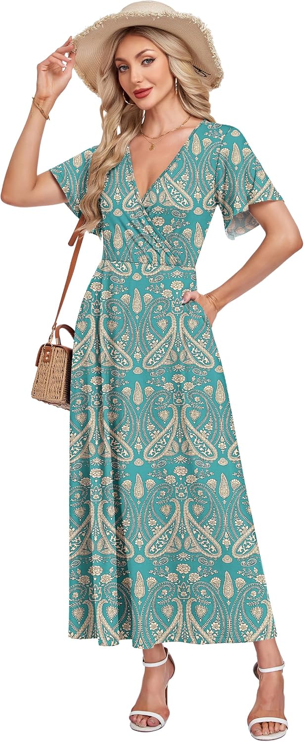 AUSELILY Maxi Dress for Women UK Short Sleeve Elegant Dress V Neck Sundress with Pockets - Image 2