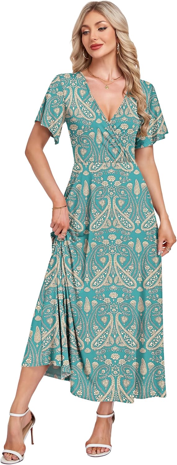 AUSELILY Maxi Dress for Women UK Short Sleeve Elegant Dress V Neck Sundress with Pockets - Image 4