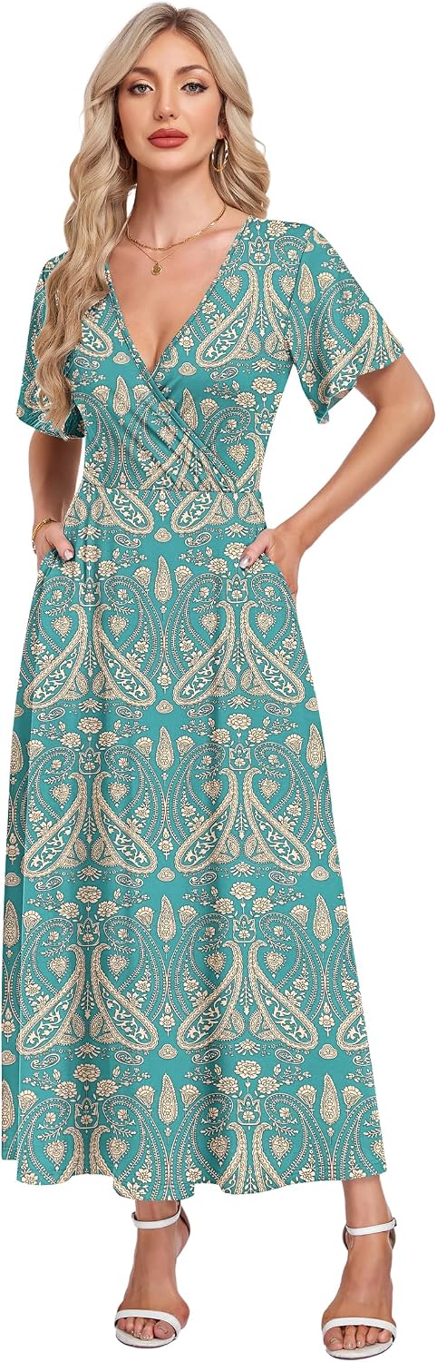 AUSELILY Maxi Dress for Women UK Short Sleeve Elegant Dress V Neck Sundress with Pockets - Image 6