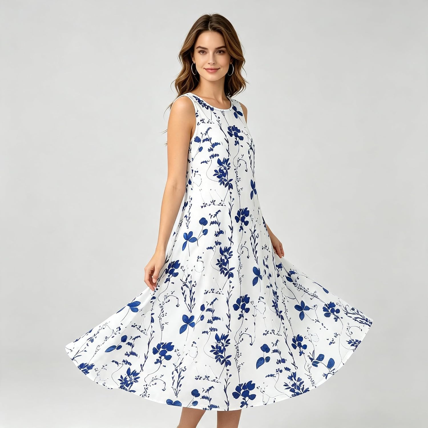 Women's Floral Sleeveless Maxi Round Neck A-Line Tank Dress White