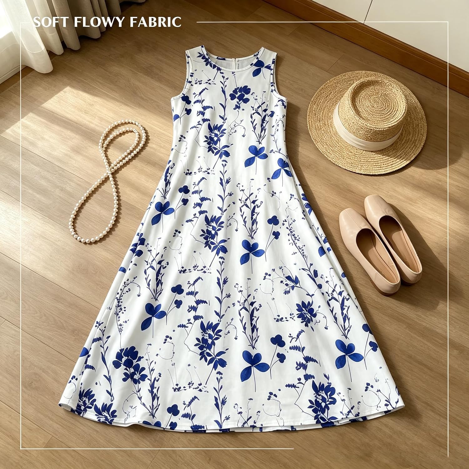 Women's Floral Sleeveless Maxi Round Neck A-Line Tank Dress White - Image 3