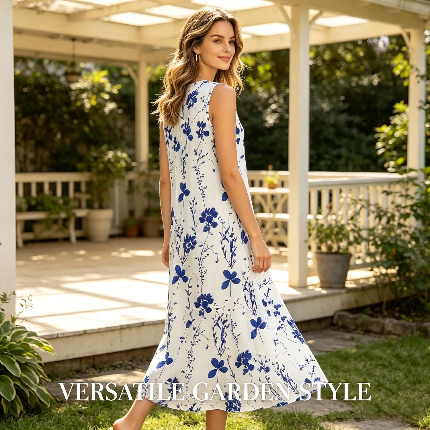 Women's Floral Sleeveless Maxi Round Neck A-Line Tank Dress White - Image 4