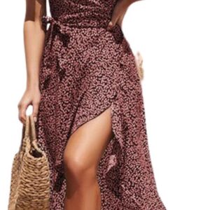 CUPSHE Women Summer Wrap Maxi Dress – Casual Split Flared Sleeve V-Neck Ditsy Dress with Tie Waist Ruffle