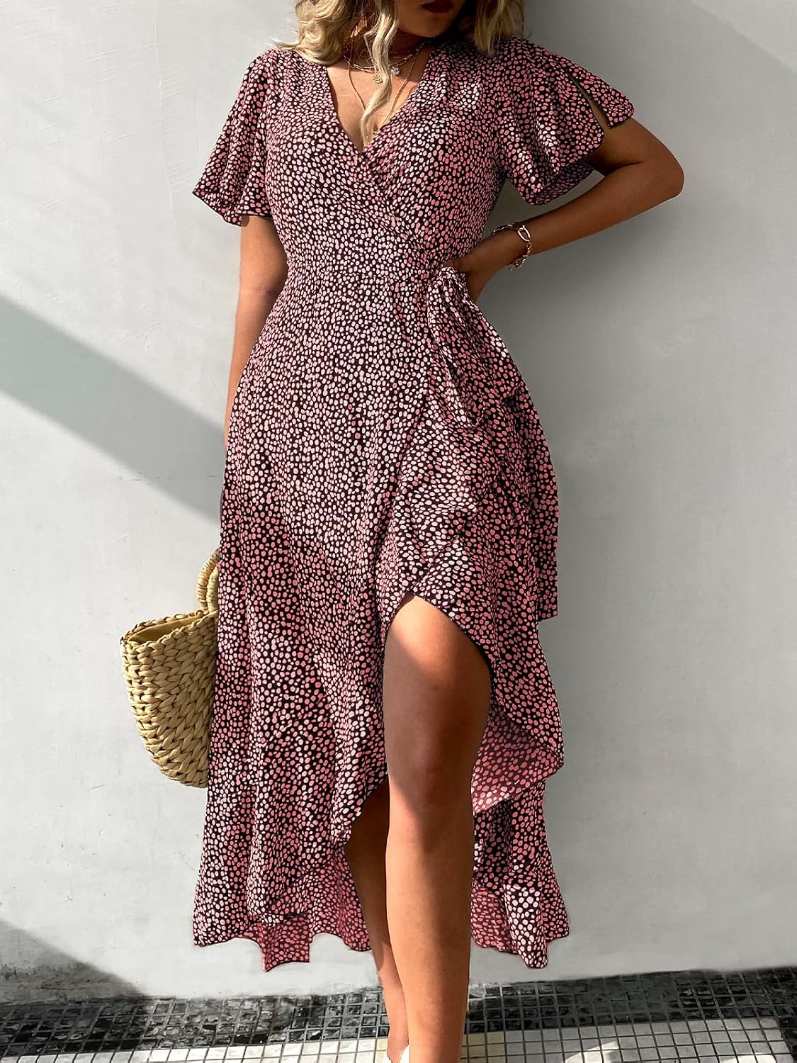 CUPSHE Women Summer Wrap Maxi Dress - Casual Split Flared Sleeve V-Neck Ditsy Dress with Tie Waist Ruffle - Image 4