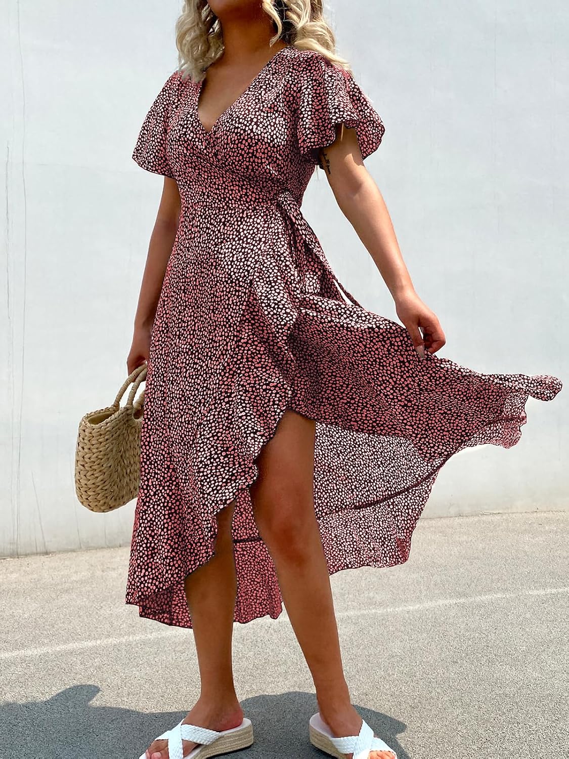 CUPSHE Women Summer Wrap Maxi Dress - Casual Split Flared Sleeve V-Neck Ditsy Dress with Tie Waist Ruffle - Image 5