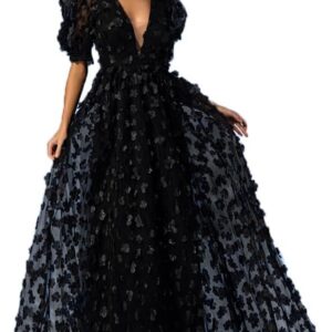 Women’s Floral Tulle A Line Puffy Sleeve Prom Dresses Elegant V Neck Formal Evening Party Gowns
