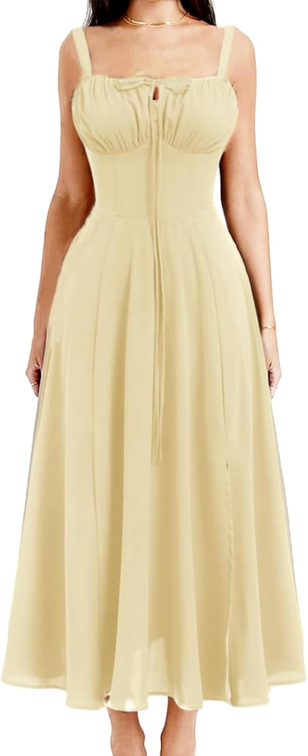 Women's Summer Dress Spaghetti Strap Dress Spring Boho Dress Front Slit Swing Midi Sundress Party Holiday Beach Dress- - Image 2