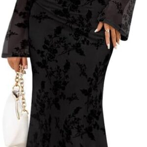 Womens Maxi Dress Sexy Long Sleeve Floral Mesh Long Dresses Elegant Crew Neck Ruched Bodycon Dress Fall Formal Wedding Guest Evening Gown for Cocktail Party Club