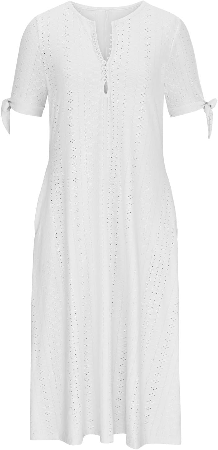 Midi Dresses for Women UK Short Sleeve V Neck Button Floral Dress Summer Casual Loose Fit Long Dresses with Pockets Comfy Lounge T Shirts Dress Beach Holiday Elegant Sundress Sale Clearance - Image 3