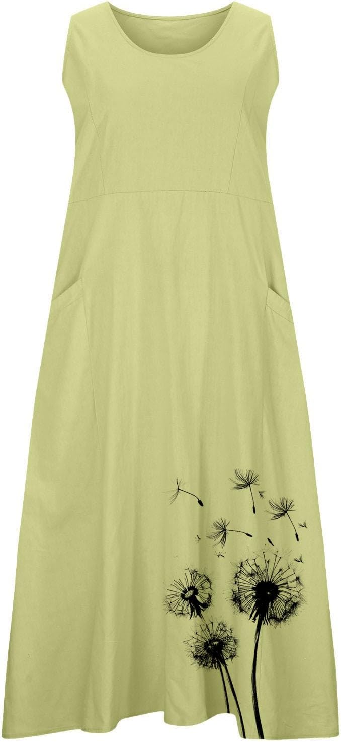 Cotton Linen Dress Maxi Kaftan Dresses for Women UK Elegant Sleeveless Casual Summer Dresses Plus Size Baggy Boho Sundress Floral Print Basic Tunic Dress Beach Holiday Boho Sundress with Pockets - Image 3