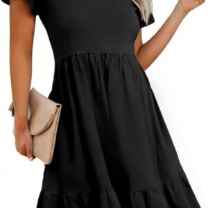 LEEDYA Summer Dresses for Women Crew Neck Short Sleeve A Line Tiered Dress Flowy Casual Midi Beach Dresses with Pockets