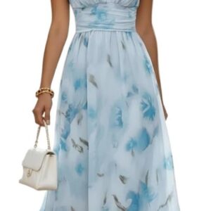 Summer Wedding Guest Floral Maxi Dress for Women, V Neck Empire Waist Chiffon Flowy Evening Gown for Boho Vacation