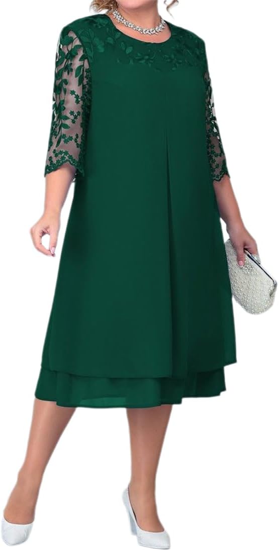 OBEEII Women's Plus Size Chiffon Dress Half Sleeve Round Neck Floral Embroidery Formal Party Wedding Guest Cocktail Dress UK - Image 2