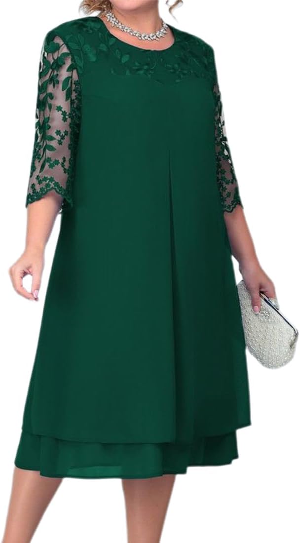 OBEEII Women's Plus Size Chiffon Dress Half Sleeve Round Neck Floral Embroidery Formal Party Wedding Guest Cocktail Dress UK