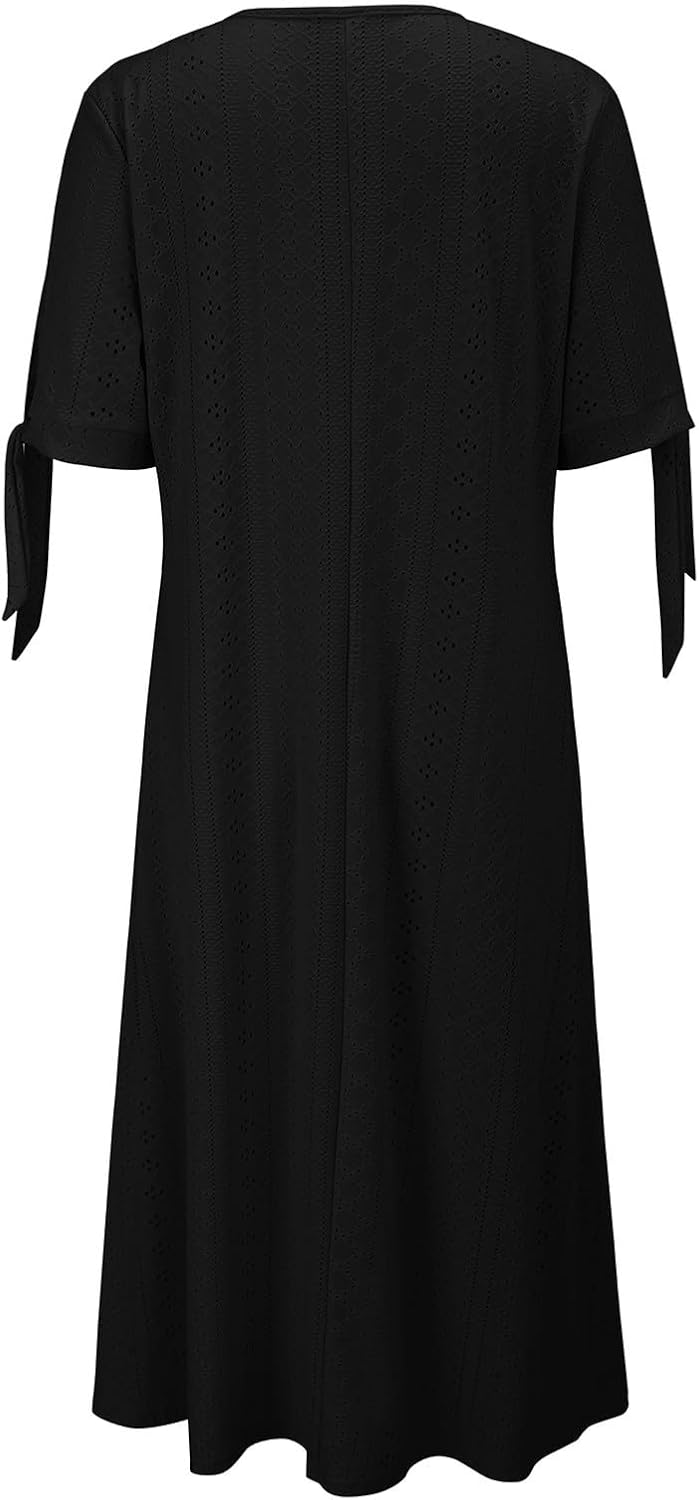 HOOUDO Summer Dresses for Women UK Loose Casual Maxi Dress Short Sleeve V Neck Tunic Flowy Pleated Beach Sundress Plus Size Ladies Boho Dress Holiday Dresses - Image 5