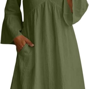 Summer Dress for Women UK V Neck 3/4 Sleeve Ruffle Dresses with Pockets Ladies Solid Color Boho Beach Midi Dresses Oversized Tunic Baggy Casual Long Dress Floaty Summer Sundress for Office Work