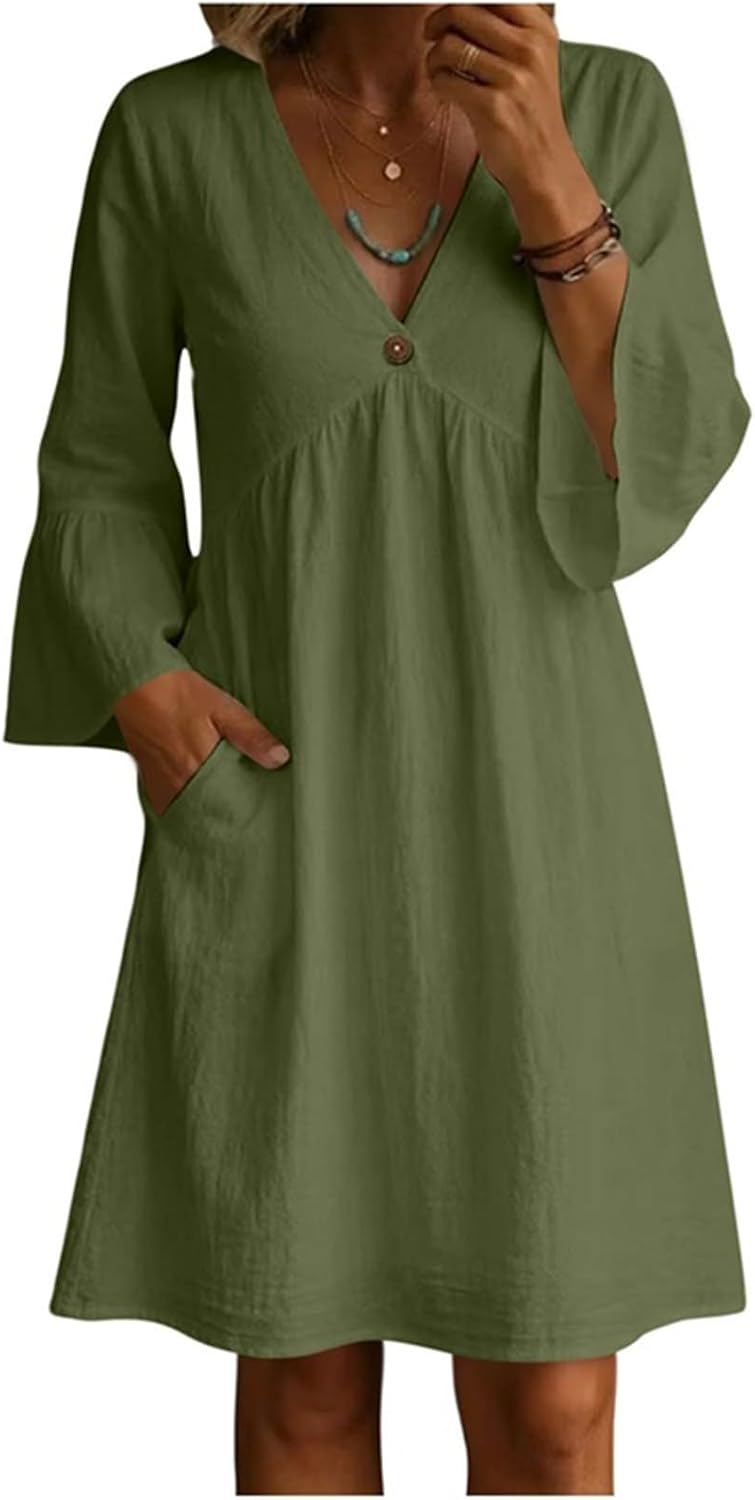 Summer Dress for Women UK V Neck 3/4 Sleeve Ruffle Dresses with Pockets Ladies Solid Color Boho Beach Midi Dresses Oversized Tunic Baggy Casual Long Dress Floaty Summer Sundress for Office Work