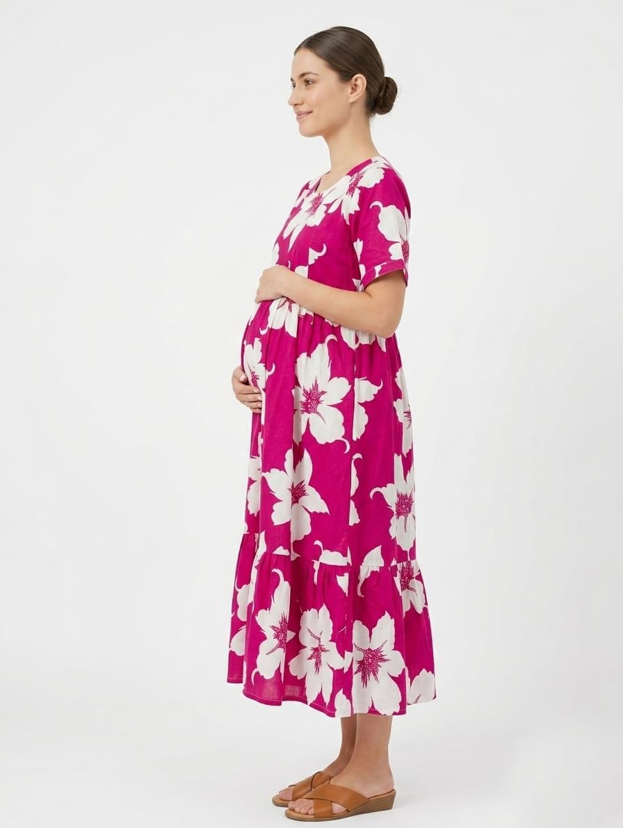 ZENIRA Women's 2026 Spring Summer Maternity Dresses Short Sleeve Maxi Round Neck Casual Nursing Outfit Dress - Image 2