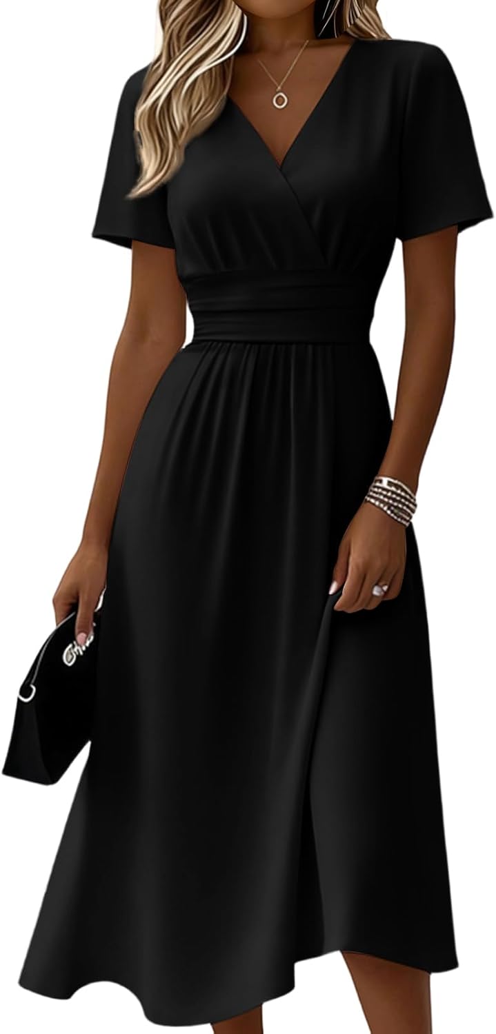 Summer Dresses for Women UK V Neck Flowy Short Sleeve Wrap Dress Midi Boho Casual Dresses Solid Color Vacation Sunshine Dress