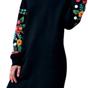 Jumper Dress for Women UK Long Sleeve Midi Dresses Autumn Winter Casual Floral Embroidery Round Neck Sweatshirt Dress Ladies Comfy Plain Elegant Tunic Dresses