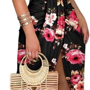 CHICME Womens Summer Halter Floral Print Ruched Bodycon Midi Dresses Hollow Out Vacation Dress