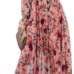 Women Bohemian Maxi Dress Chiffon Long Sleeve V-Neck Ruffle Elegant Flowy Floral Party Dress