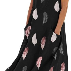 Maxi Dresses for Women UK Cotton Linen Casual Oversized Tunic Dress Sleeveless Vest Dress with Pocket Solid Color A-line Dress Baggy Beach Long Dress Summer Floral Print Sundress