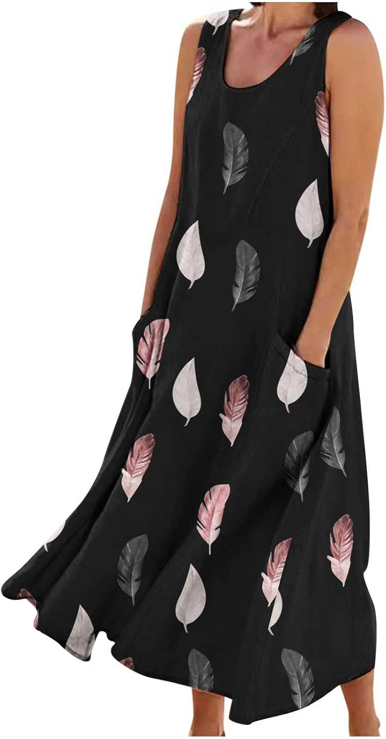 Maxi Dresses for Women UK Cotton Linen Casual Oversized Tunic Dress Sleeveless Vest Dress with Pocket Solid Color A-line Dress Baggy Beach Long Dress Summer Floral Print Sundress