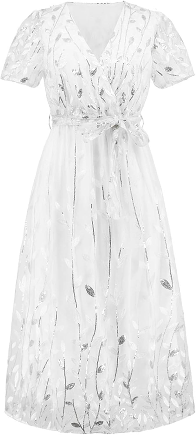 Zeiayuas Cocktail Party Work Dress for Women UK Elegant V Neck Short Sleeve Midi Dress Evening Party Formal Tunic Dresses Ladies Embroidered Floral Lace Mesh Dresses - Image 5