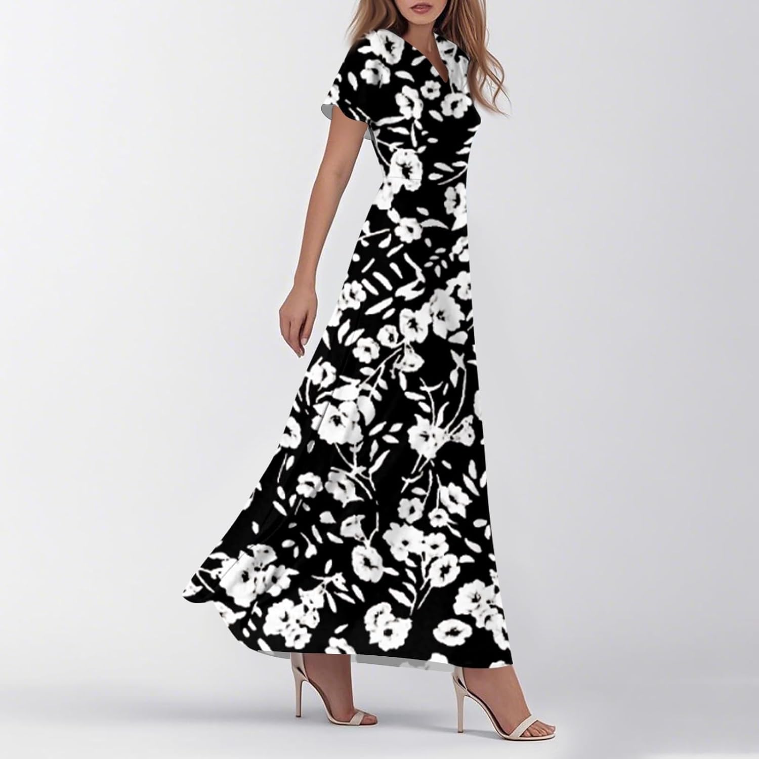 Ladies Short Puff Sleeve V Neck Floral Boho Dresses Flared Flowy Chiffon Maxi Dress Summer Beach Holiday Sundress for Women - Image 4