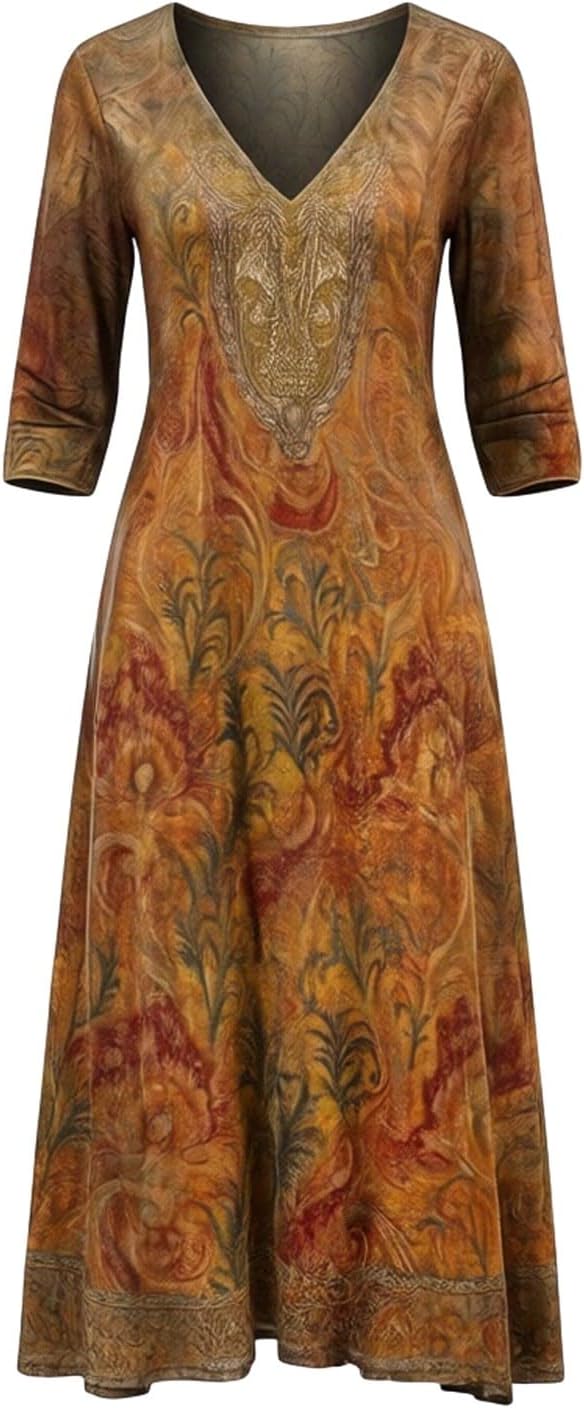 Women Western Style Dresses Irregular Boho Floral Print Vintage Maxi Dress - Image 3