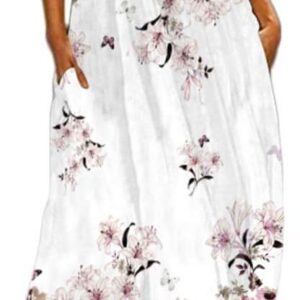 WINKEEY Women Maxi Dress Butterfly Floral Print V-Neck Ethnic Bohemian Sleeveless Plus Size Summer Long Dress with Pockets Holiday Party Beach