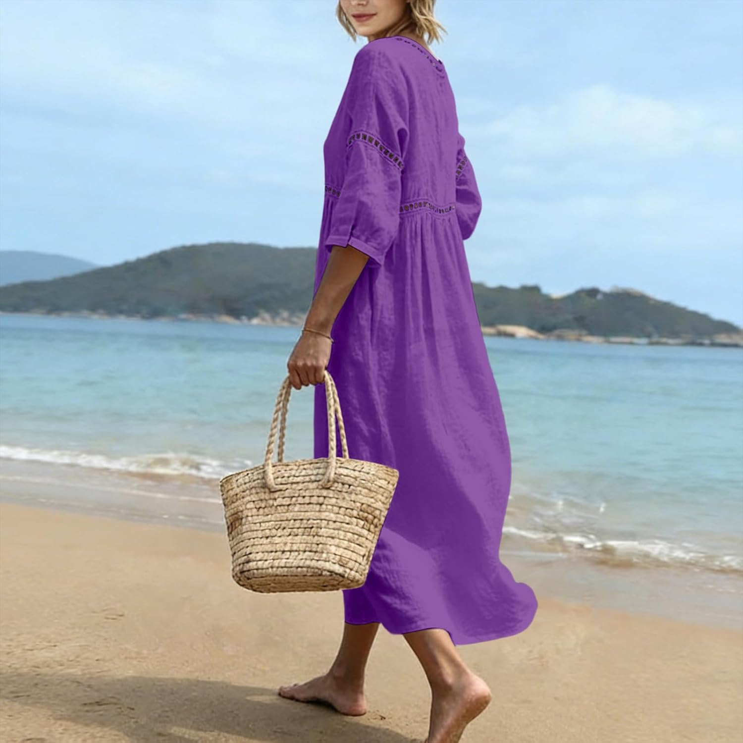 Summer Dresses for Women UK,Bohemian 3/4 Sleeve Cotton Dresses Casual Loose Fit Boho Dress Breathable Comfortable Casual Solid Holiday Beach Travel Everyday Wear - Image 3