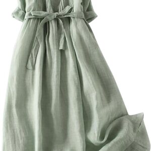 Zeiayuas Vintage Linen Dresses for Women UK Cotton Linen Maxi Dresses Lace Up Round Neck Half Sleeve Dress Pleated Boho Beach Holiday Dresses Summer Casual Tunic Dress Elastic Waist Tie Long Dress