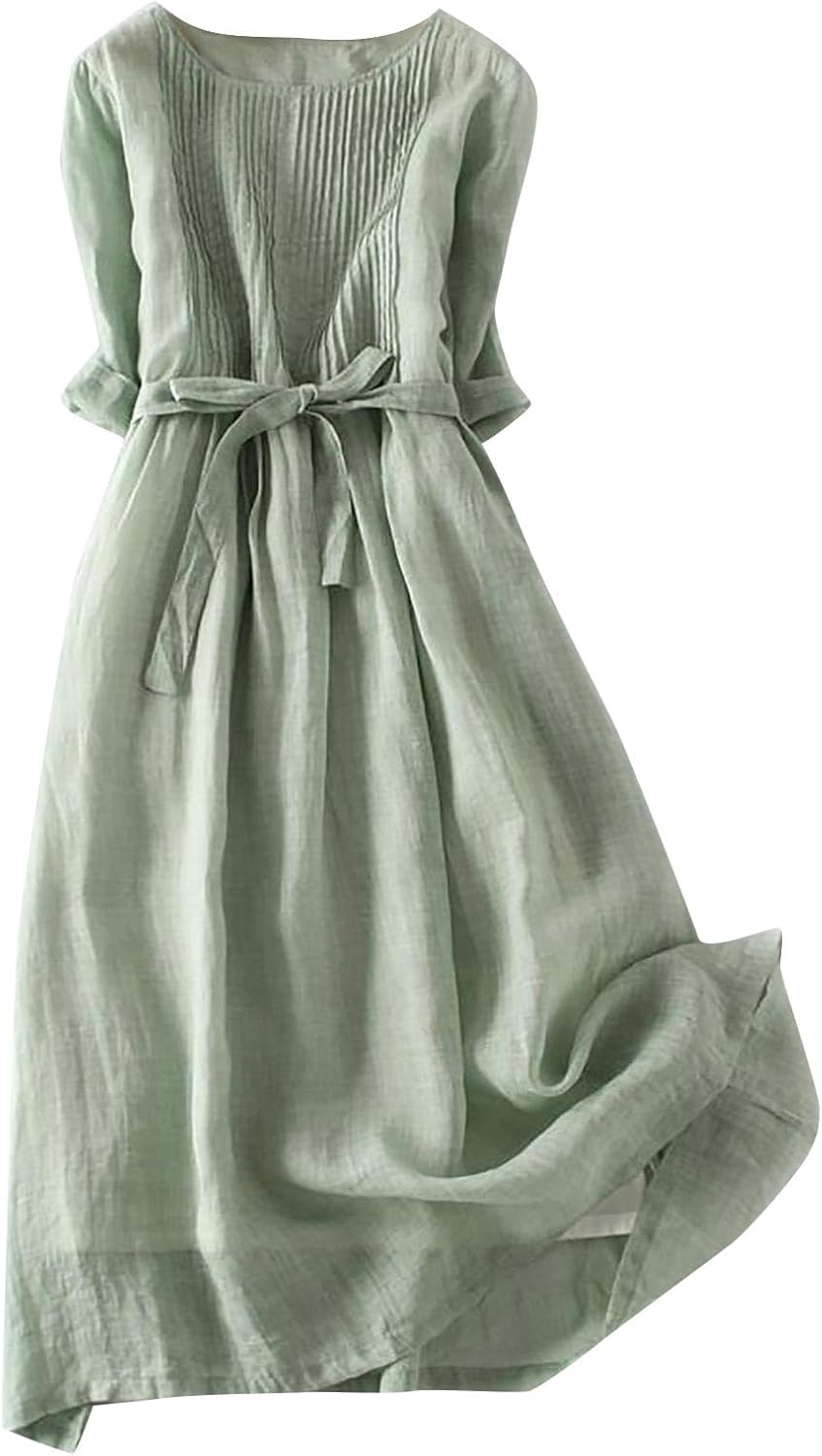 Zeiayuas Vintage Linen Dresses for Women UK Cotton Linen Maxi Dresses Lace Up Round Neck Half Sleeve Dress Pleated Boho Beach Holiday Dresses Summer Casual Tunic Dress Elastic Waist Tie Long Dress