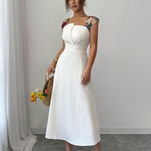 Womens Elegant White Maxi Dress – Floral Embroidered Strap Square Neck A-Line Gown, Modest Wedding Guest Dress, White