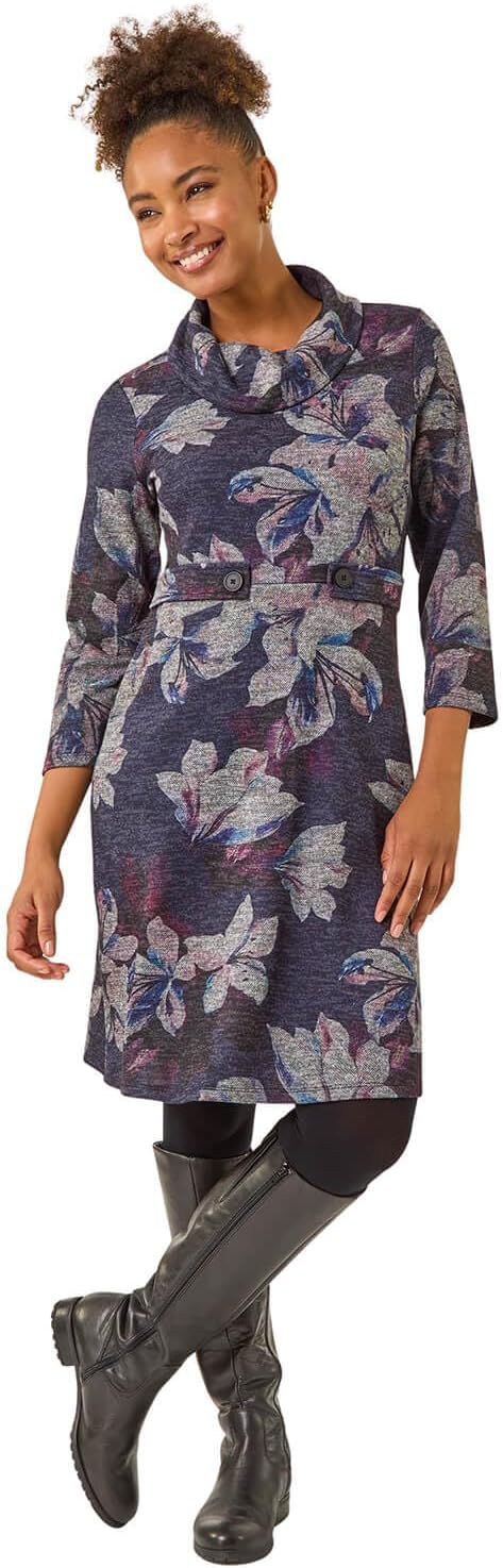Roman Cowl Neck Dress for Women UK - Ladies Button Detail Shift Work Office Autumn Winter Knee Length Casual 3/4 Full Length Sleeve Round High Warm Neckline - Image 2
