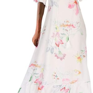 Women’s Summer Dress V Neck Boho Maxi Dresses Casual Short Sleeve Long Dress Bohemian Floral Print Beach Dress Ladies Flowy Holiday Swing Dresses Loose Fit Party Evening Dress