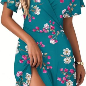 Long Dresses for Women UK Women’s Elegant Print V Neck Short Sleeve Midi Dress Summer, Boho Beach Dress Casual High Waist Party Dres Trendy Swing Vacation Dres Holidy Dresss