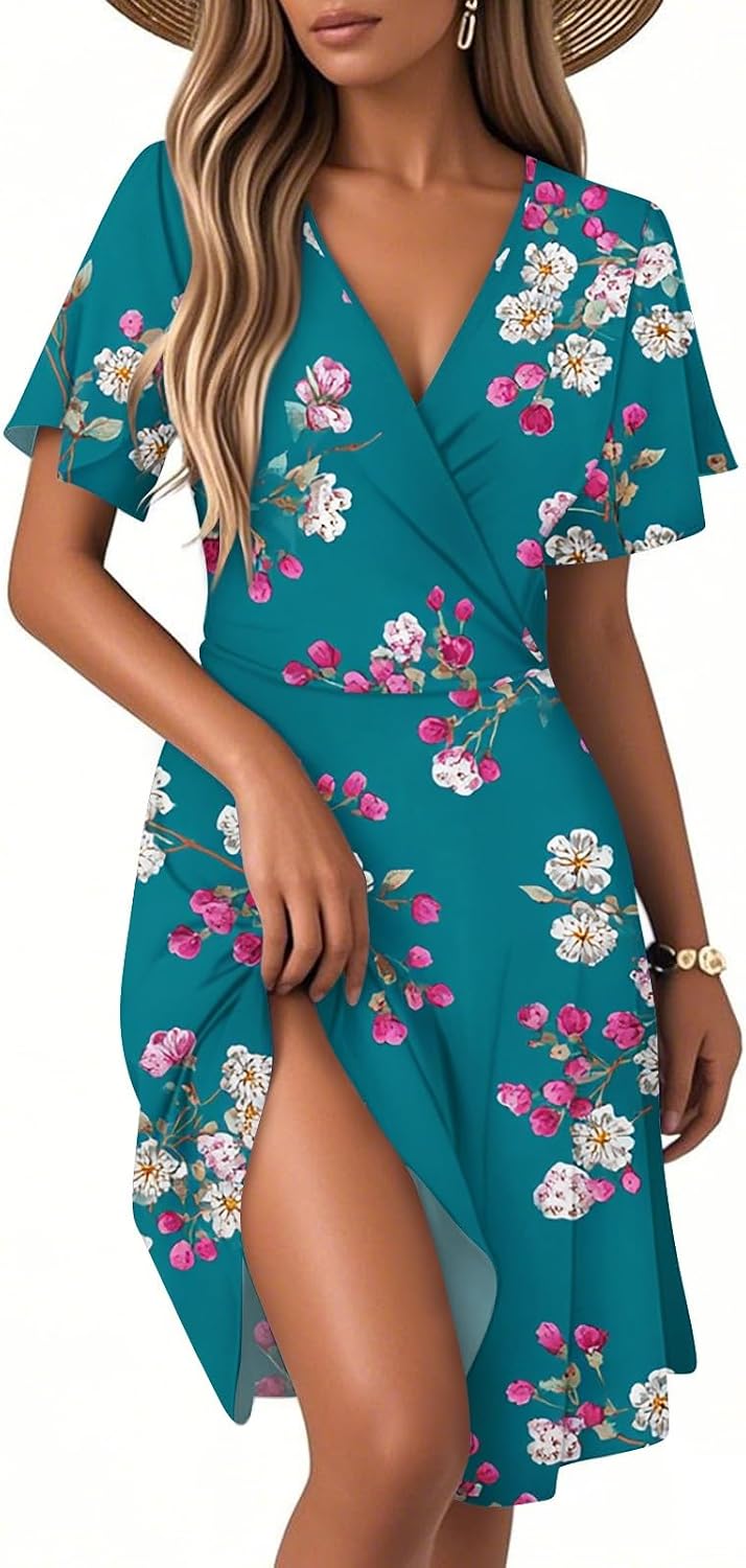 Long Dresses for Women UK Women's Elegant Print V Neck Short Sleeve Midi Dress Summer, Boho Beach Dress Casual High Waist Party Dres Trendy Swing Vacation Dres Holidy Dresss