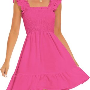 ROYLAMP Women’s Smocked Dresses Square Neck Elegant Tiered Boho Ruffle Shoulder Swing Flowy Summer Casual Mini Dress