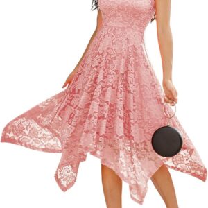 Meetjen Women’s Lace Cocktail Party Dress 2026 Handkerchief Hem Bridesmaid Prom Dress Formal Dresses for Wedding Guest