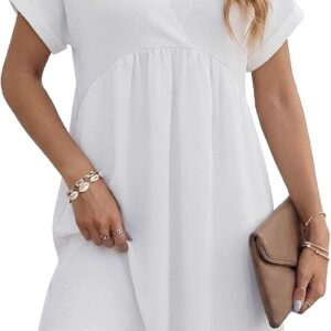 KISSMODA Womens Casual Dress Plunge V Neck Short Sleeve Pullover Flowy Empire Waist Shirt Dresses Summer Fashion Elegant Pleated Front Vacation Beach Tunic Dress